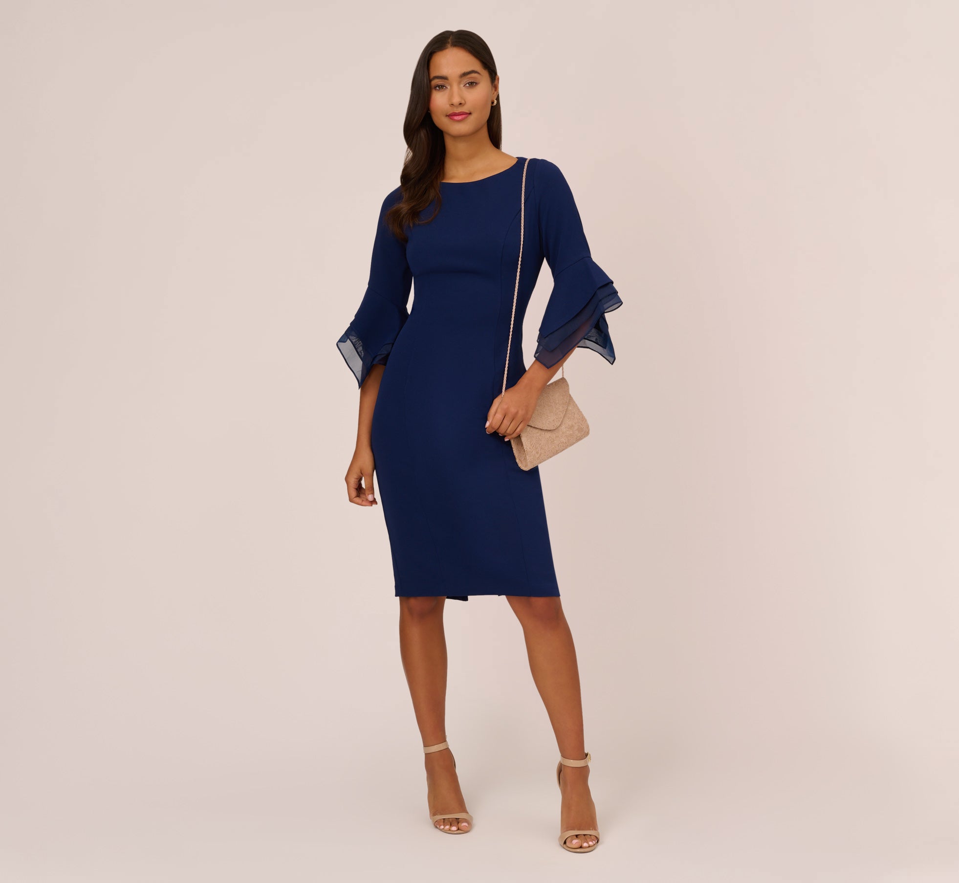 Knit Crepe Sheath Dress With Tiered Three Quarter Sleeves In Navy Sateen 1