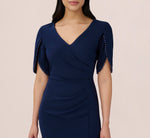 Pearl Embellished Knit Crepe Sheath Dress In Navy Sateen 3