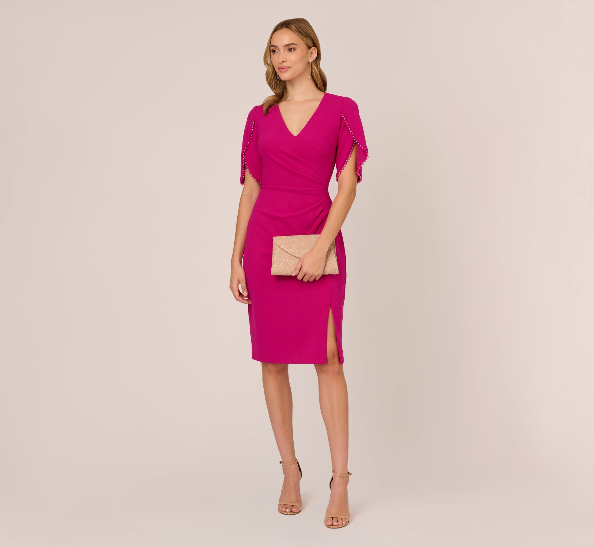 Pearl Embellished Knit Crepe Sheath Dress In Hot Orchid 1