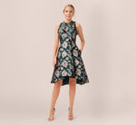 Metallic Floral Jacquard Ruffled Fit And Flare Short Day Dress In Hunter Multi 5
