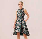 Metallic Floral Jacquard Ruffled Fit And Flare Short Day Dress In Hunter Multi 2