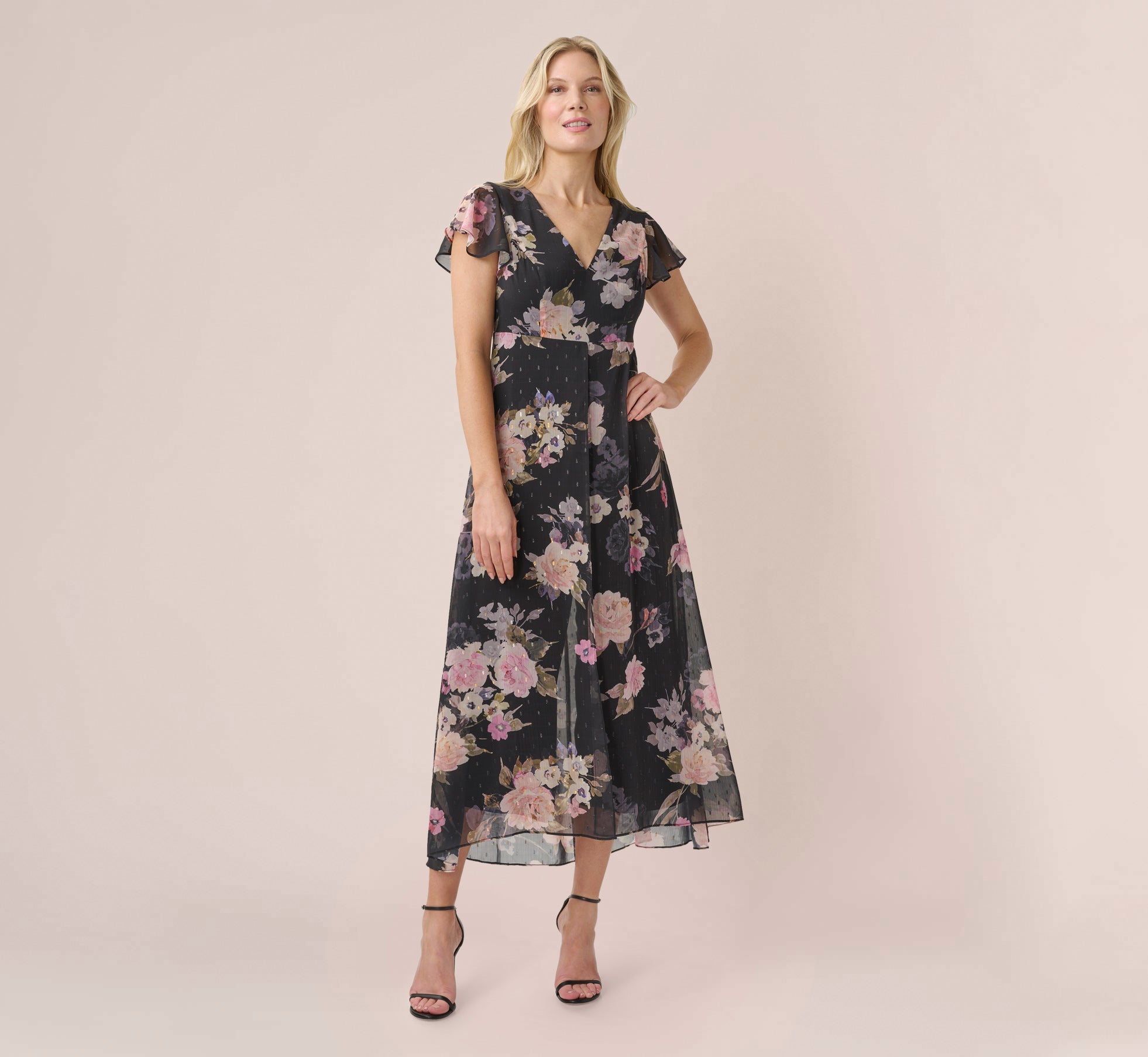 Metallic Floral-Print Chiffon And Jersey Cropped Jumpsuit With Overlay In Black Multi 1