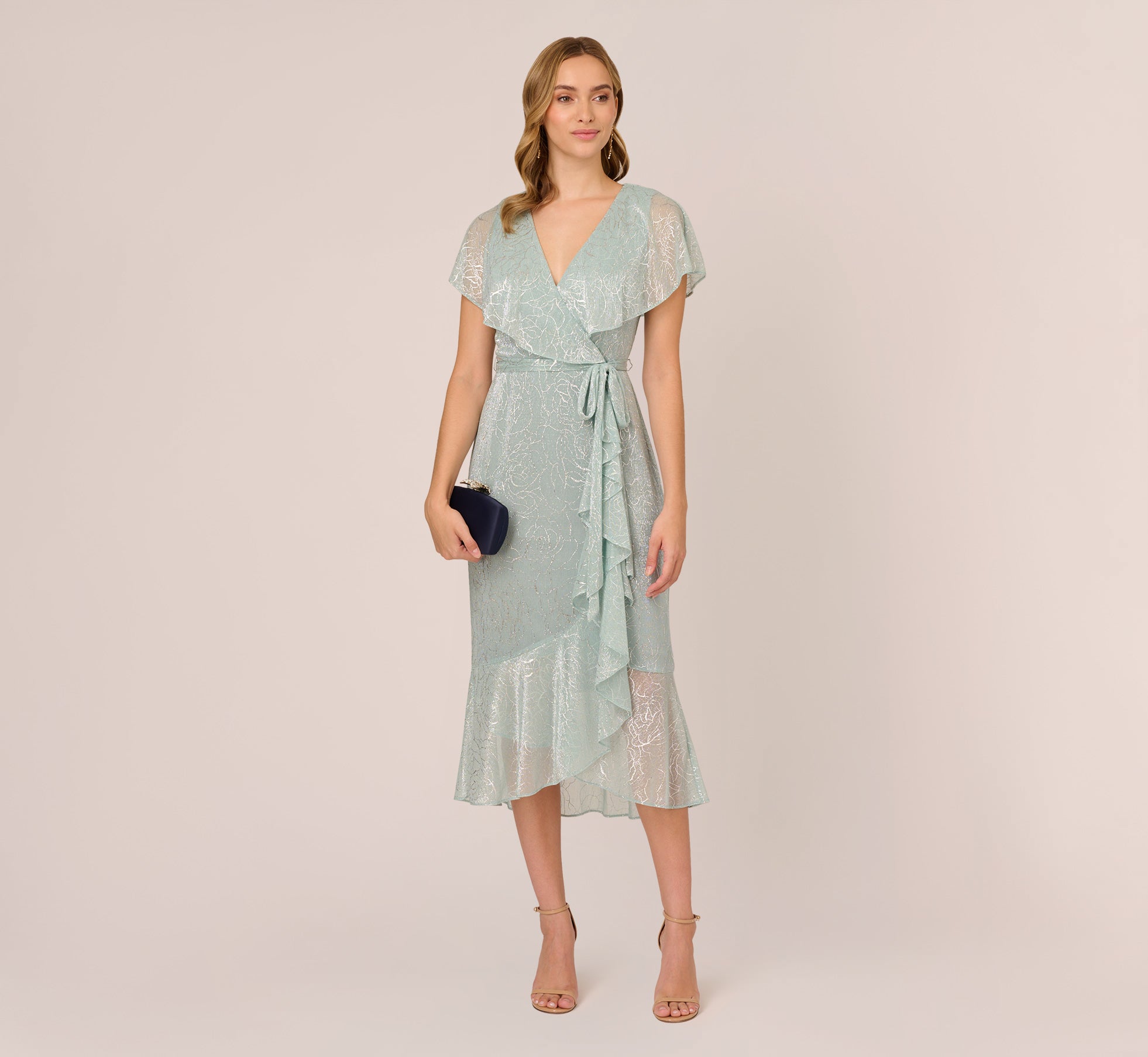 Floral Metallic Stencil Midi-Length Mermaid Dress With Capelet In Sea Glass 1