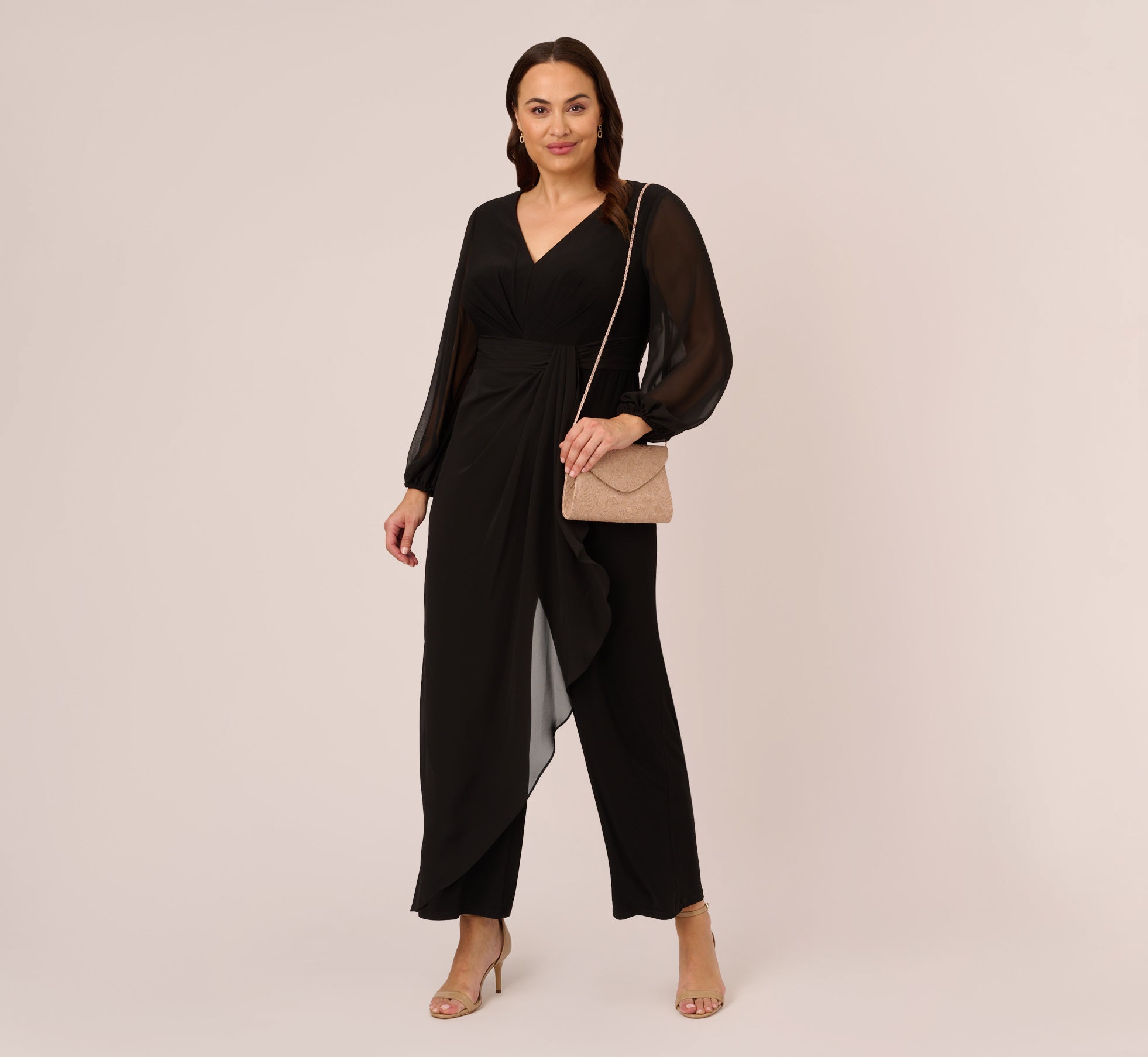 Plus Size Long Sleeve Jersey Jumpsuit With Chiffon Details In Black 1