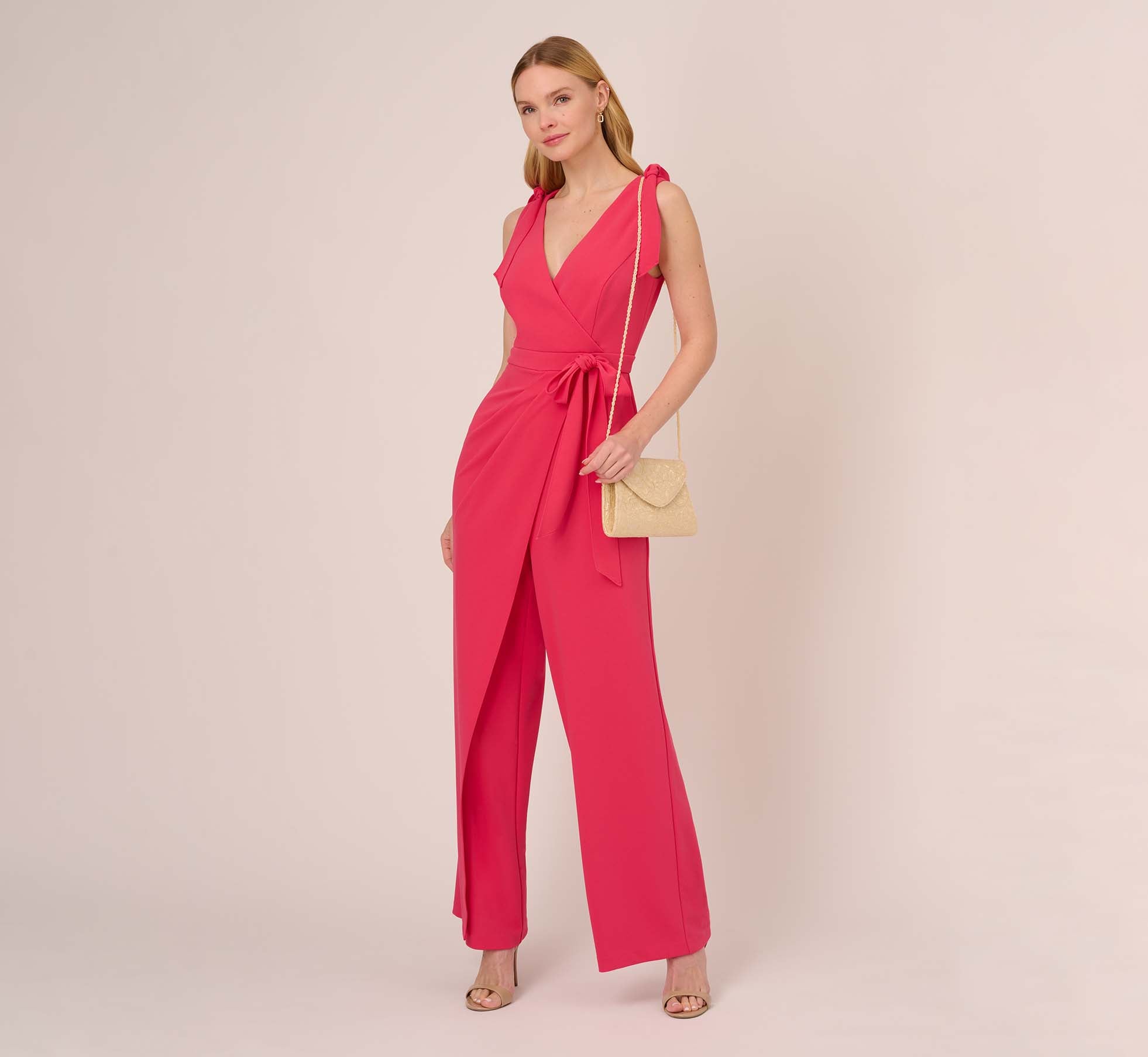 Stretch Knit Crepe Faux Wrap Wide Leg Jumpsuit With Overlay In Pink Lotus 1