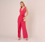 Stretch Knit Crepe Faux Wrap Wide Leg Jumpsuit With Overlay In Pink Lotus 1