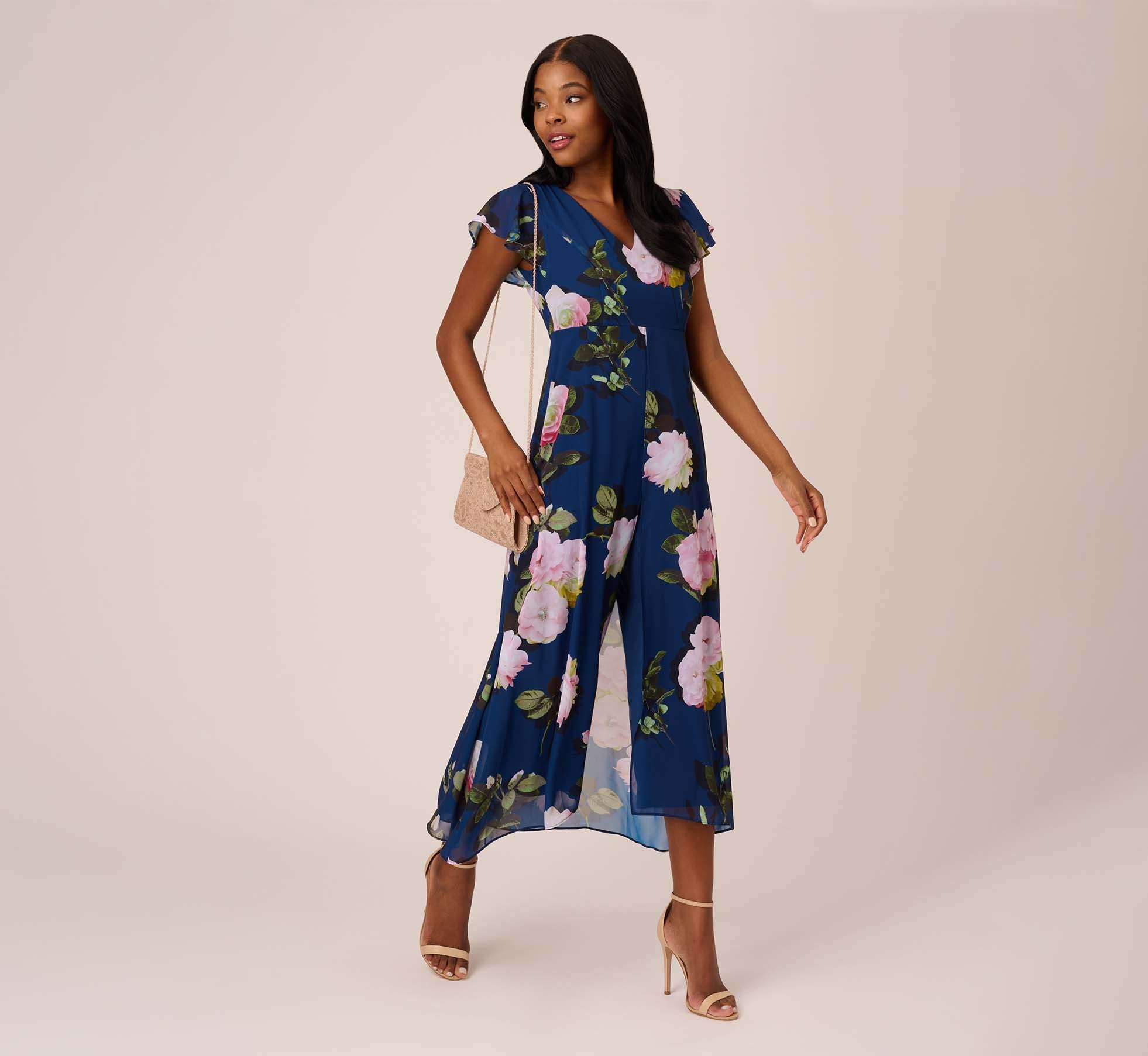 Floral Print Chiffon Cropped Jumpsuit In Navy Multi 1
