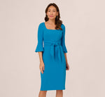 Stretch Knit Crepe Tie-Front Midi-Length Sheath Dress In Deep Cerulean 2