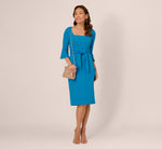 Stretch Knit Crepe Tie-Front Midi-Length Sheath Dress In Deep Cerulean 1