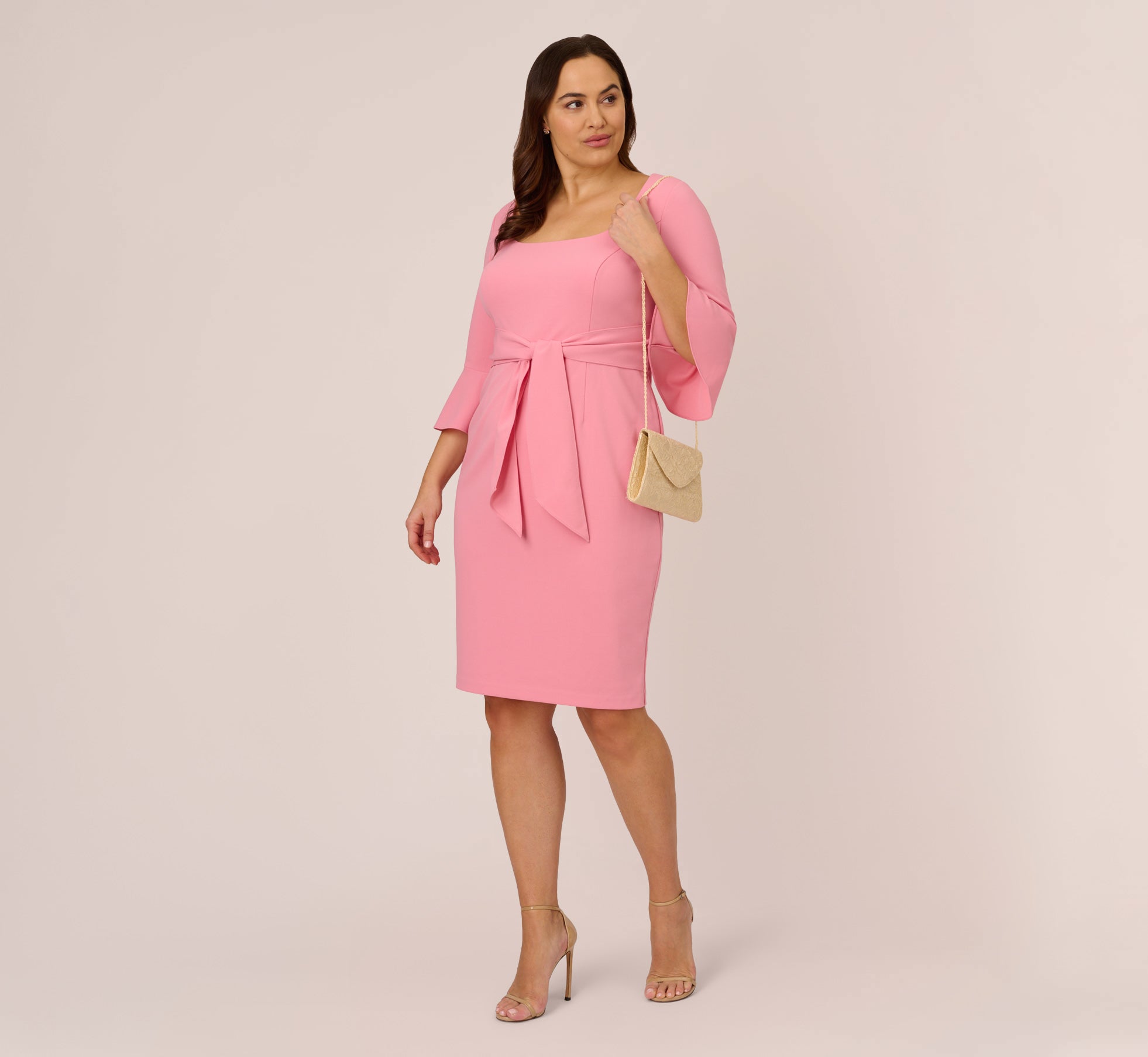 Plus Size Stretch Knit Crepe Tie-Front Midi-Length Sheath Dress In Faded Rose 1