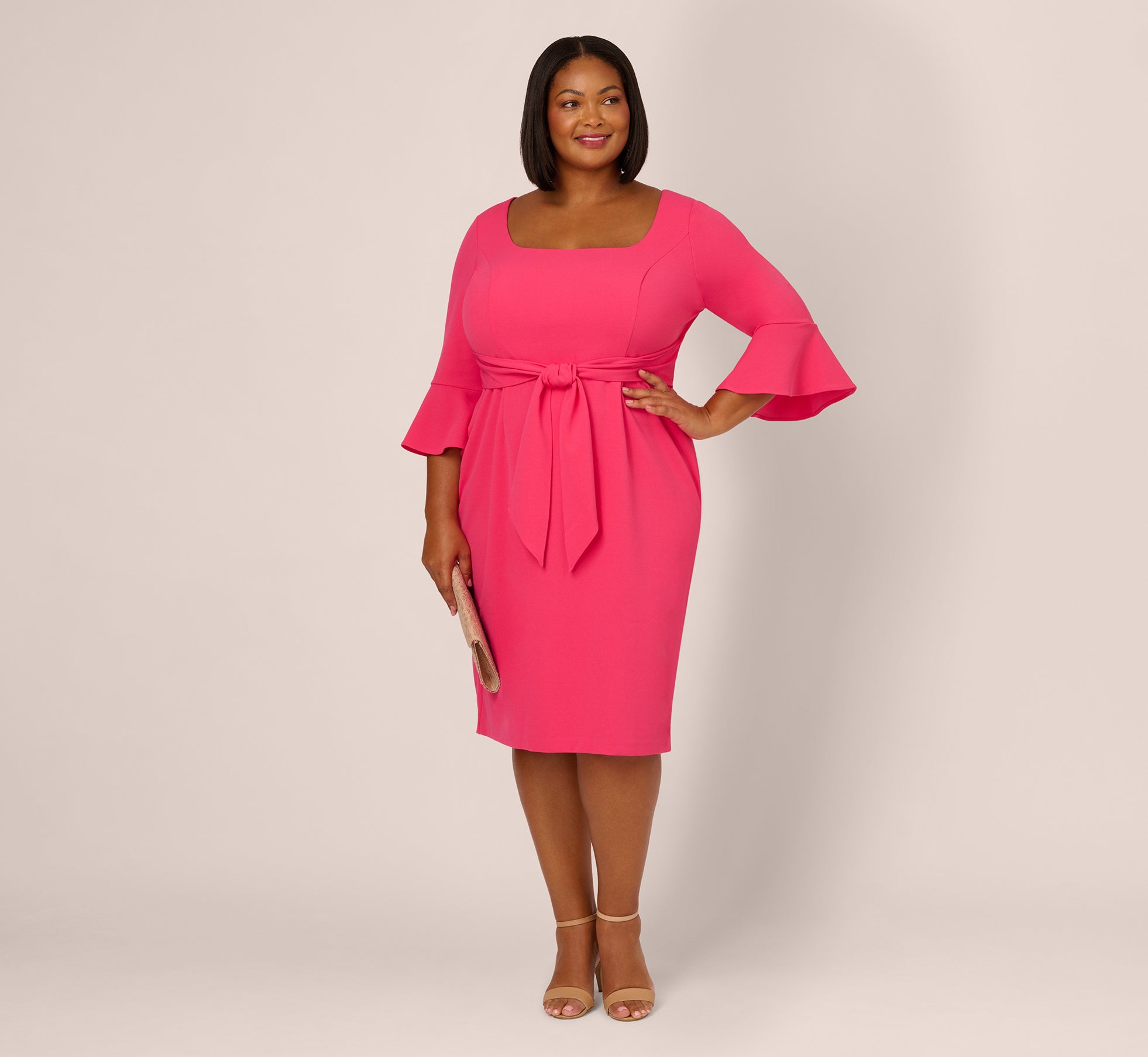 Plus Size Stretch Knit Crepe Tie-Front Midi-Length Sheath Dress In Camellia 1