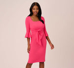 Stretch Knit Crepe Tie-Front Midi-Length Sheath Dress In Camellia 3