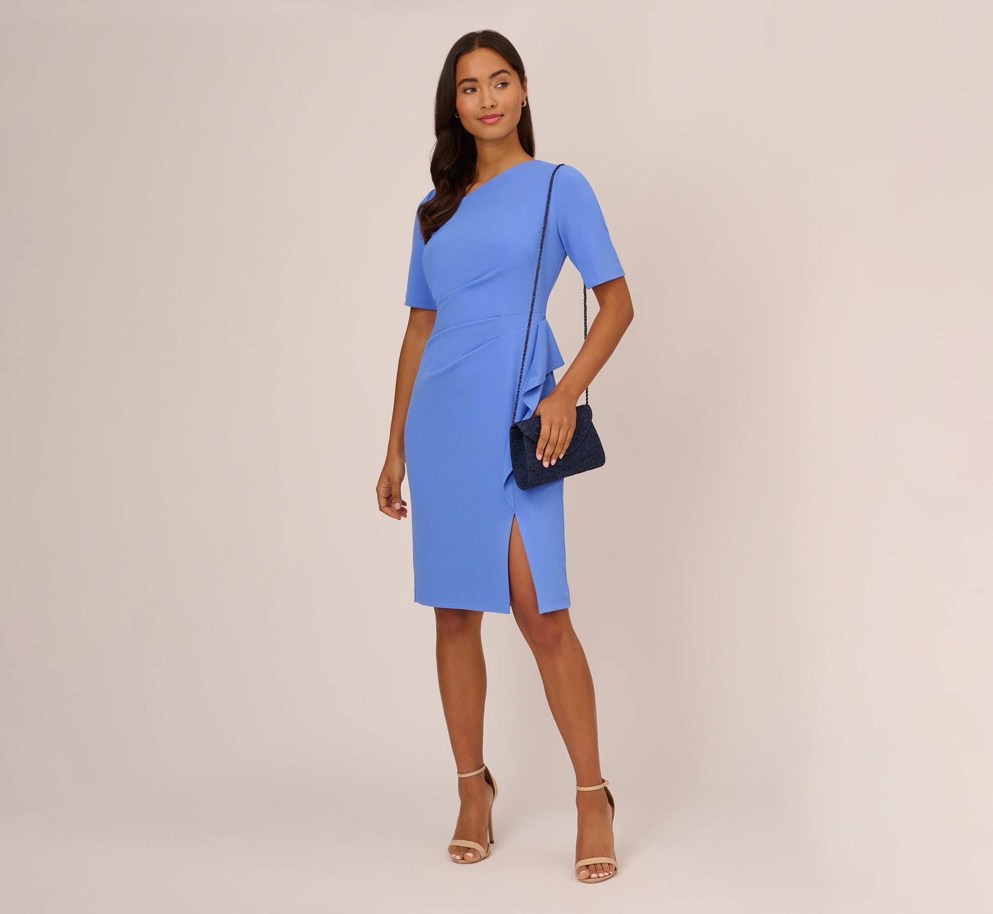 Draped Ruffle Crepe Dress With Short Sleeves In Precious Peri 1