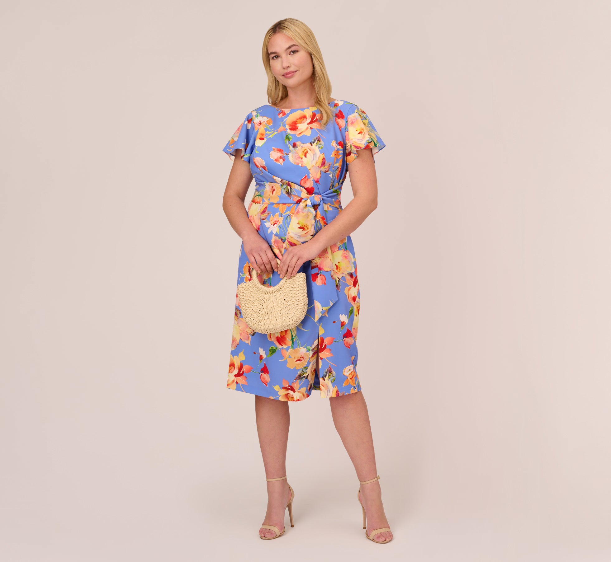 Plus Size Flutter Sleeve Floral Print Dress With Tie Front In Peri Multi 1