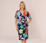 Plus Size Floral Knotted Sheath Dress With Elbow-Length Sleeves In Dark Navy Multi 2
