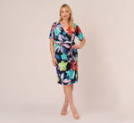 Plus Size Floral Knotted Sheath Dress With Elbow-Length Sleeves In Dark Navy Multi 7