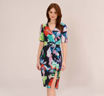 Floral Knotted Sheath Dress With Elbow-Length Sleeves In Dark Navy Multi 2