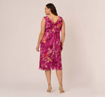 Plus Size Metallic Floral Chiffon Midi Dress With Ruffled Neckline In Raspberry Multi 5