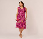 Plus Size Metallic Floral Chiffon Midi Dress With Ruffled Neckline In Raspberry Multi 2