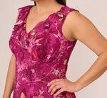 Plus Size Metallic Floral Chiffon Midi Dress With Ruffled Neckline In Raspberry Multi 4