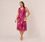 Plus Size Metallic Floral Chiffon Midi Dress With Ruffled Neckline In Raspberry Multi 1