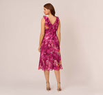 Metallic Floral Chiffon Midi Dress With Ruffled Neckline In Raspberry Multi 5