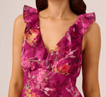 Metallic Floral Chiffon Midi Dress With Ruffled Neckline In Raspberry Multi 3