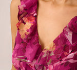 Metallic Floral Chiffon Midi Dress With Ruffled Neckline In Raspberry Multi 4