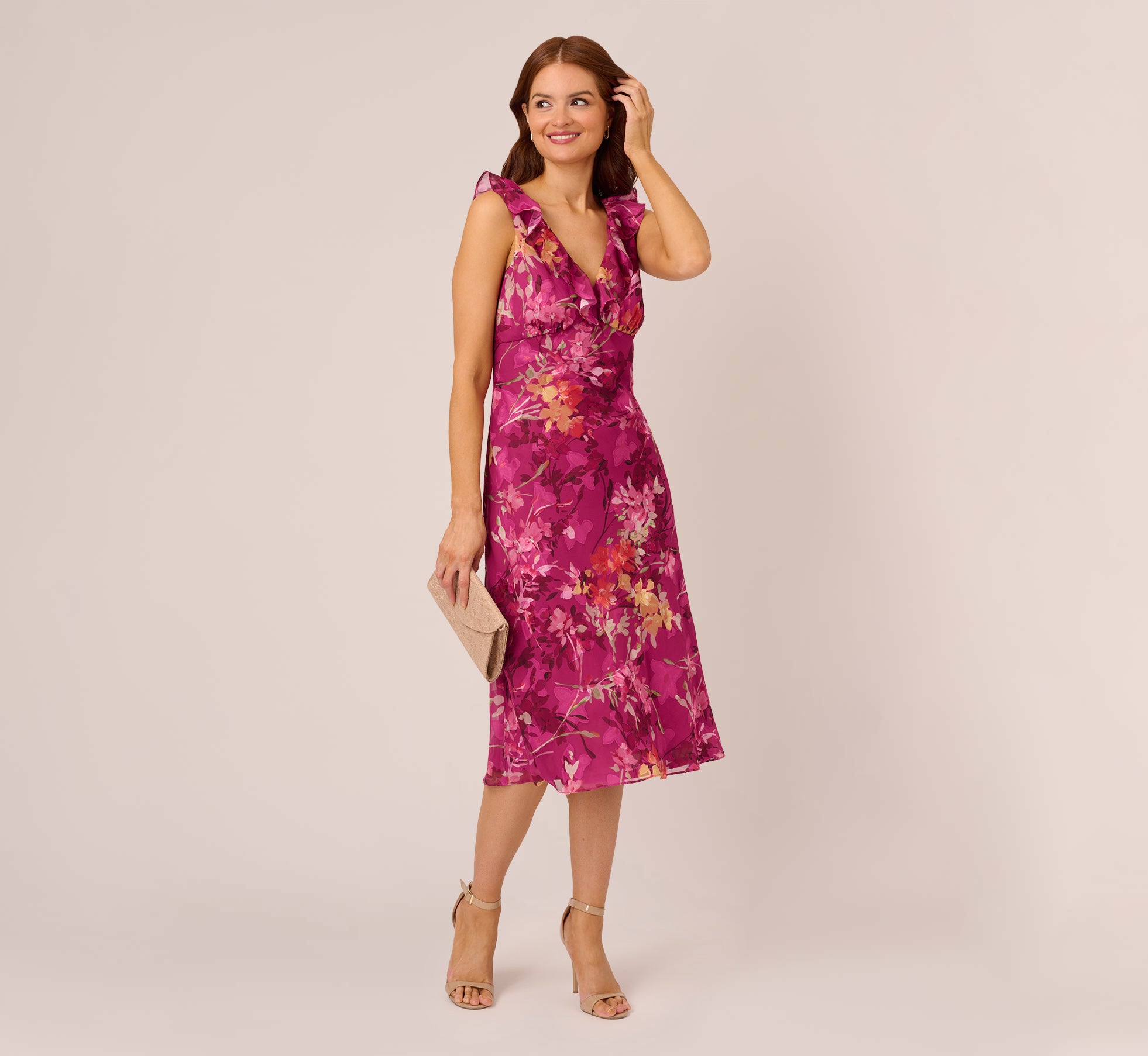 Metallic Floral Chiffon Midi Dress With Ruffled Neckline In Raspberry Multi 1