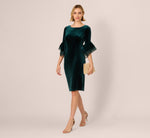 Velvet Sheath Dress With Tiered Three Quarter Sleeves In Hunter 1