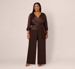 Plus Size Satin Crepe Three Quarter Sleeve Jumpsuit With Buckle Waist In Dark Brown 2