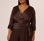 Plus Size Satin Crepe Three Quarter Sleeve Jumpsuit With Buckle Waist In Dark Brown 3