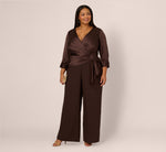 Plus Size Satin Crepe Three Quarter Sleeve Jumpsuit With Buckle Waist In Dark Brown 1