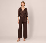 Satin Crepe Three Quarter Sleeve Jumpsuit With Buckle Waist In Dark Brown 2