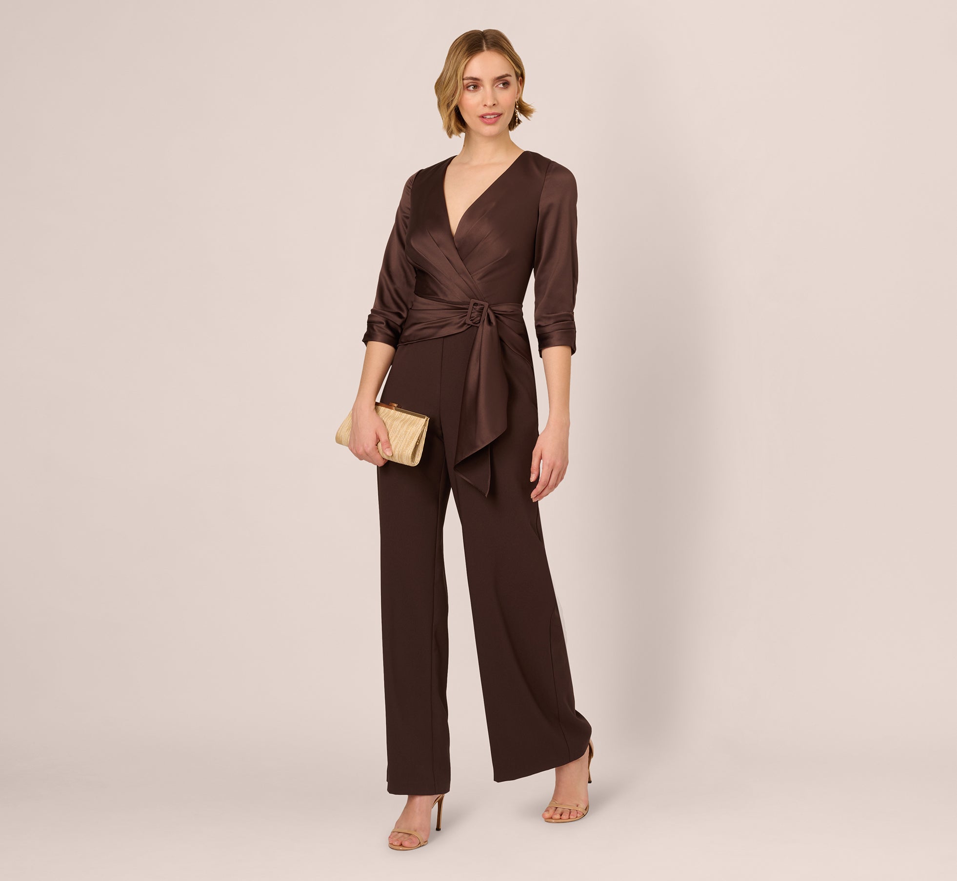Satin Crepe Three Quarter Sleeve Jumpsuit With Buckle Waist In Dark Brown 1