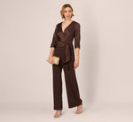Satin Crepe Three Quarter Sleeve Jumpsuit With Buckle Waist In Dark Brown 1