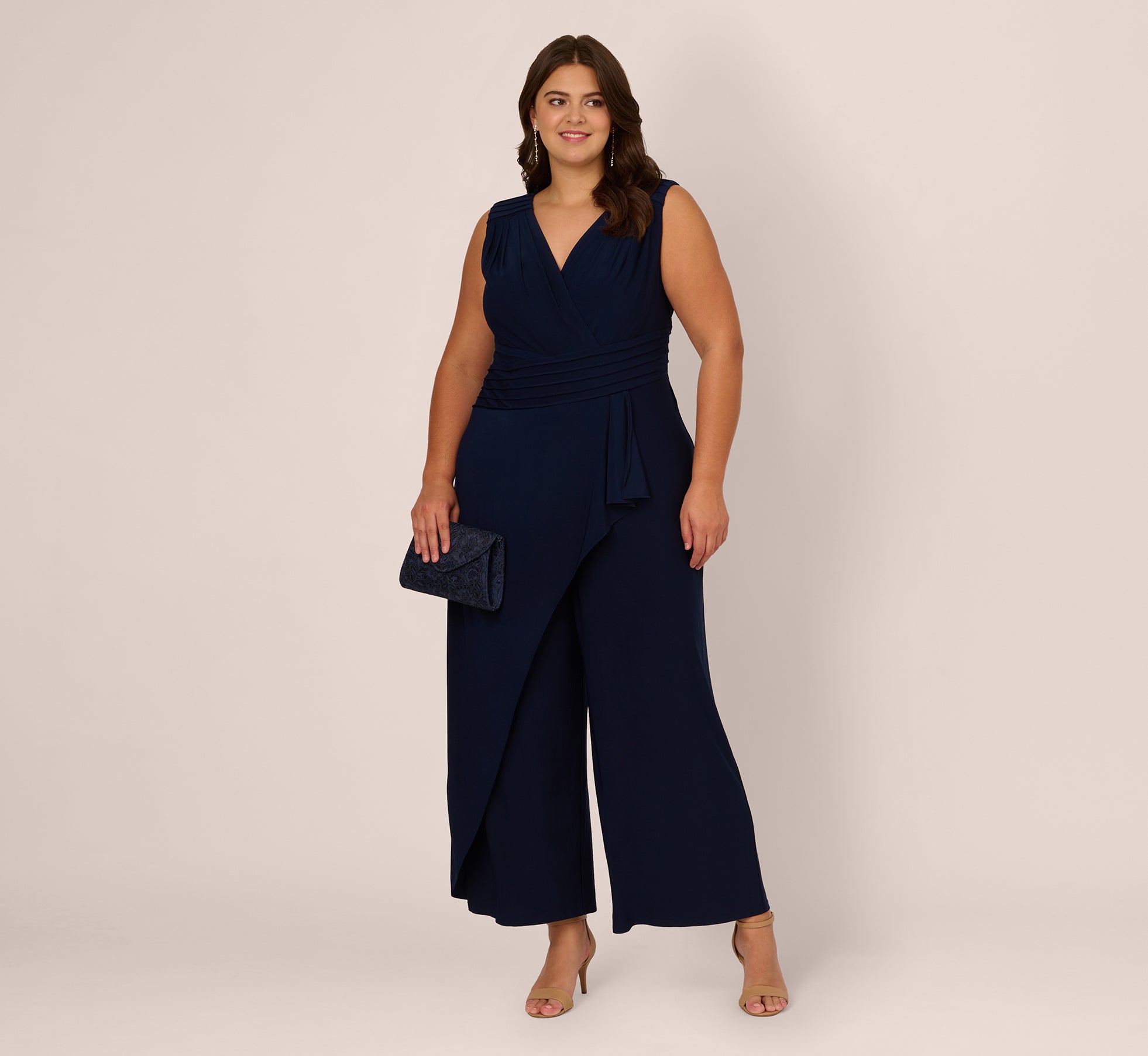 Plus Size Jersey Sleeveless Pintuck Jumpsuit With Wide Legs In Midnight 1