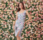 Sleeveless Floral Matelasse Dress With Draped Details In Blue Multi 1