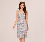 Sleeveless Floral Matelasse Dress With Draped Details In Blue Multi 3