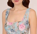 Sleeveless Floral Matelasse Dress With Draped Details In Blue Multi 4