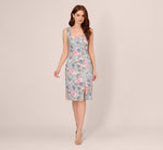Sleeveless Floral Matelasse Dress With Draped Details In Blue Multi 8