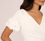 Crepe Faux Wrap Sheath Dress With Floral Accent Short Sleeves In Ivory 3