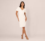 Crepe Faux Wrap Sheath Dress With Floral Accent Short Sleeves In Ivory 7