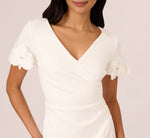 Crepe Faux Wrap Sheath Dress With Floral Accent Short Sleeves In Ivory 4