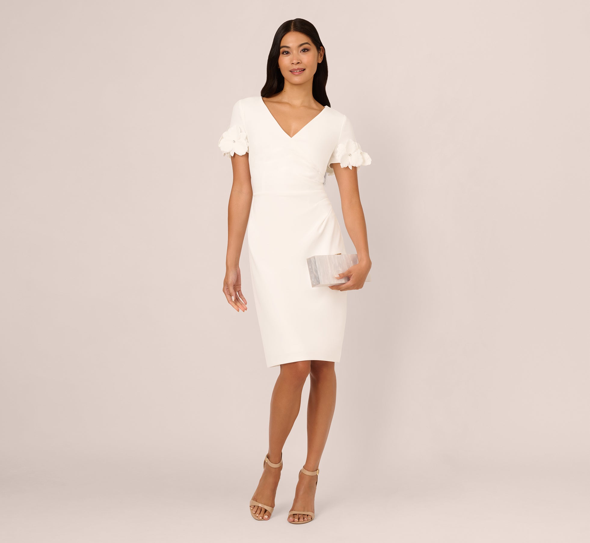 Crepe Faux Wrap Sheath Dress With Floral Accent Short Sleeves In Ivory 1