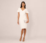 Crepe Faux Wrap Sheath Dress With Floral Accent Short Sleeves In Ivory 1