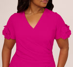 Plus Size Crepe Faux Wrap Sheath Dress With Floral Accent Short Sleeves In Pink Flambe 3