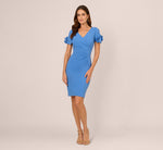 Crepe Faux Wrap Sheath Dress With Floral Accent Short Sleeves In Cool Water 3