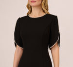 Crepe Midi Length Sheath Dress With Pearl Trimmed Sleeves In Black 3