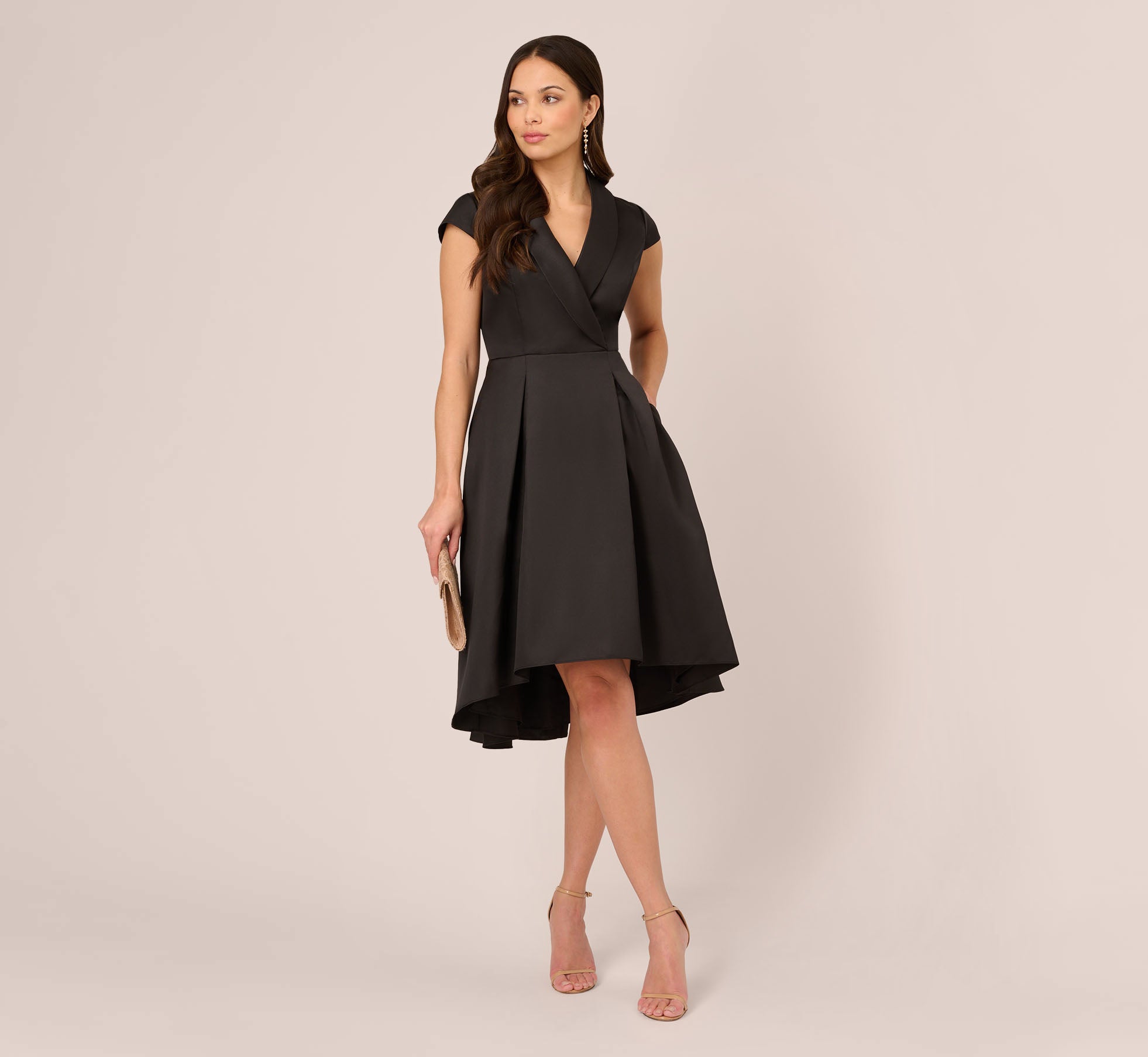 Cap Sleeve Mikado Midi Dress With High Low Skirt In Black 1
